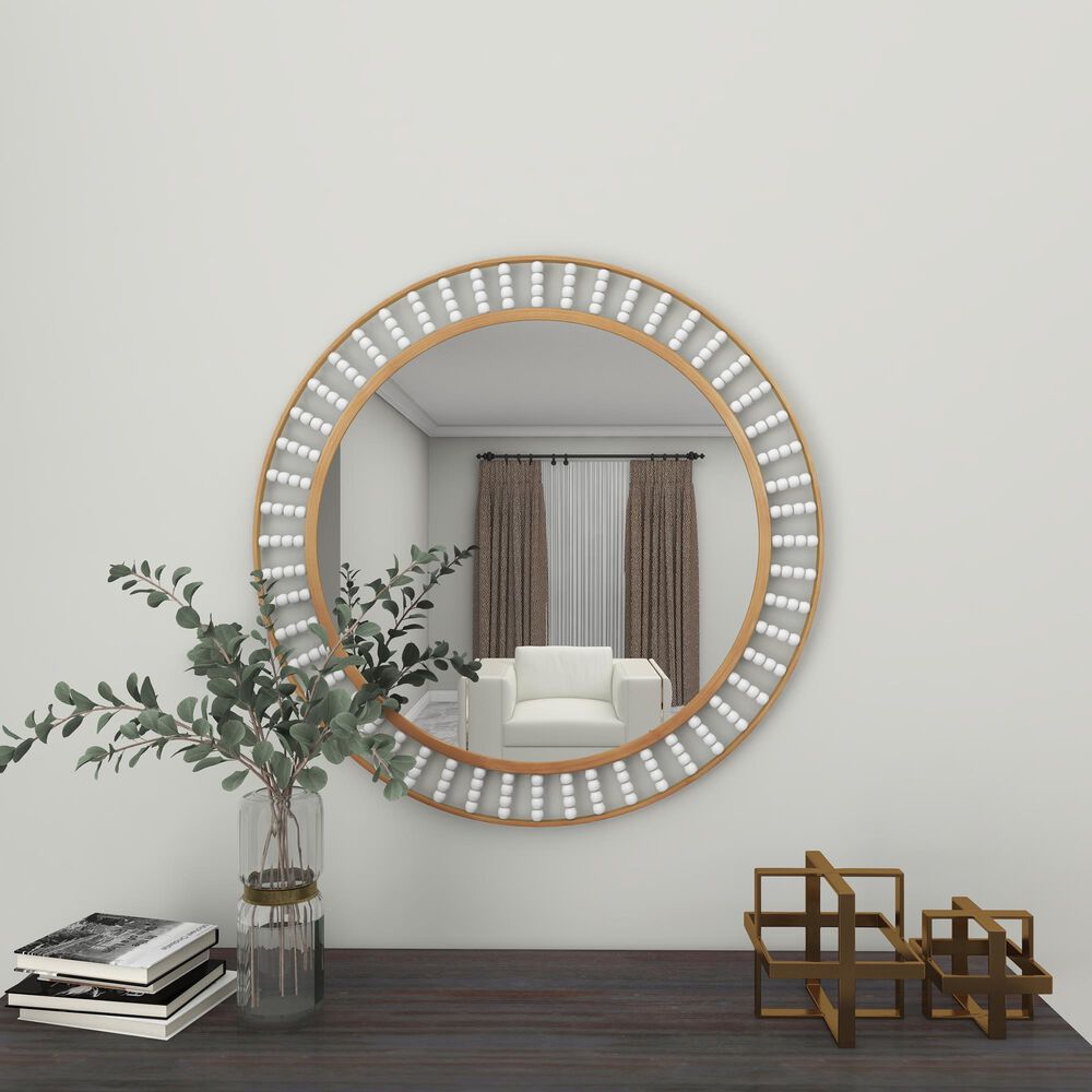 Maple and Jade 32&quot; Round Wall Mirror in Golden Brown and White, , large