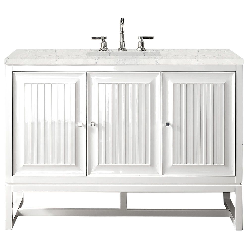 James Martin Vanities Athens 48" Single Bathroom Vanity in Glossy White with 3 cm Eternal Jasmine Pearl Quartz Top and Rectangular Sink, , large