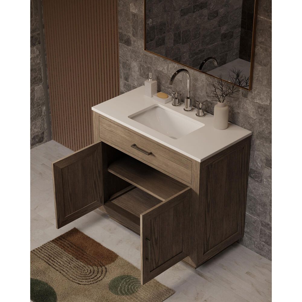 Lexora Home Abbey 36&quot; Single Bathroom Vanity in Grey Oak with 2 cm White Quartz Top and Rectangular Sink, , large
