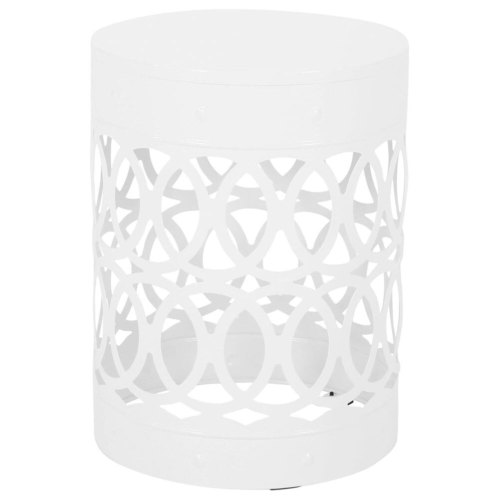 Hearth and Haven Large Cylindrical-Shaped Iron Patio End Table in White, , large