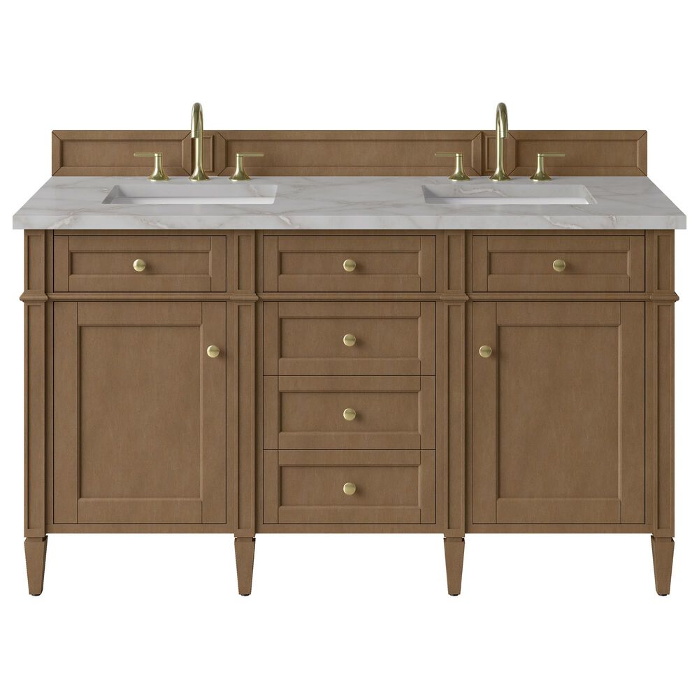James Martin Brittany 60" Double Bathroom Vanity in Pecan with 3 cm Victorian Silver Silestone Top and Rectangular Sinks, , large
