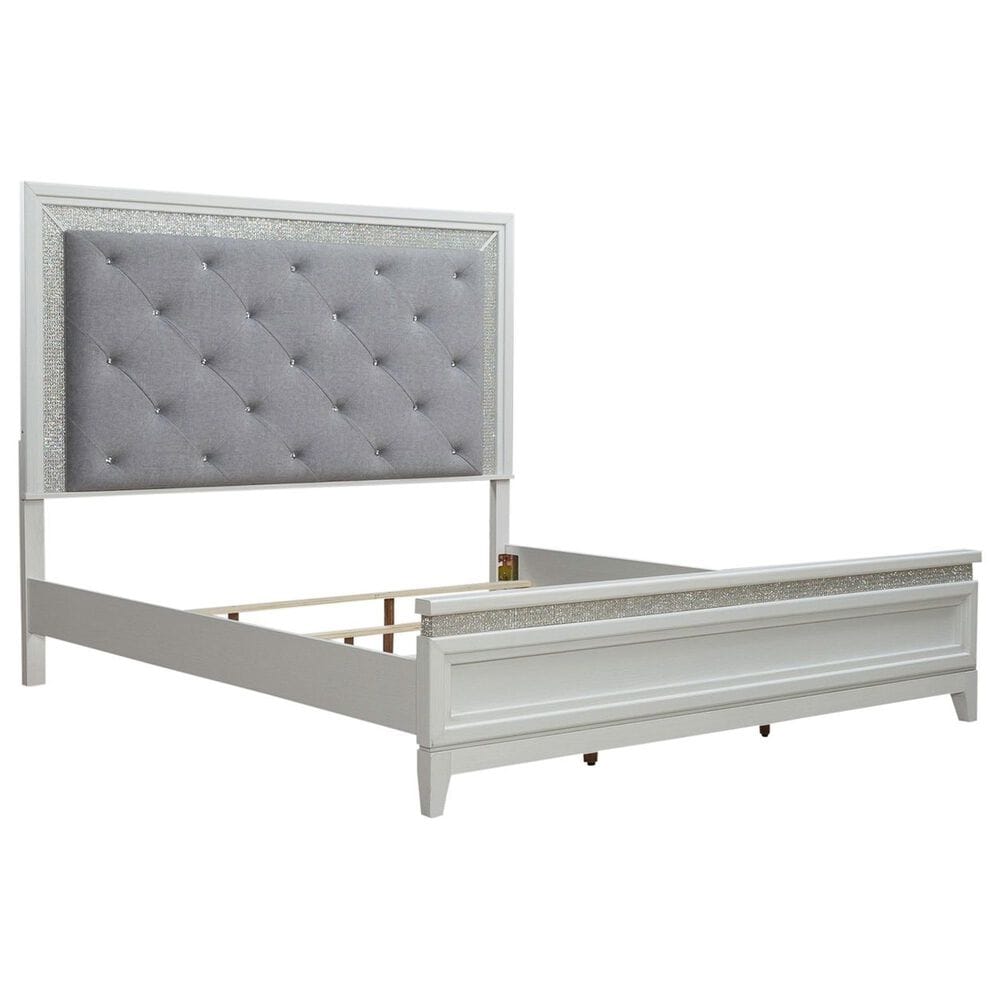 Belle Furnishings Reflections King Panel Bed with Gray Upholstered in Pearl White and Rhinestone, , large