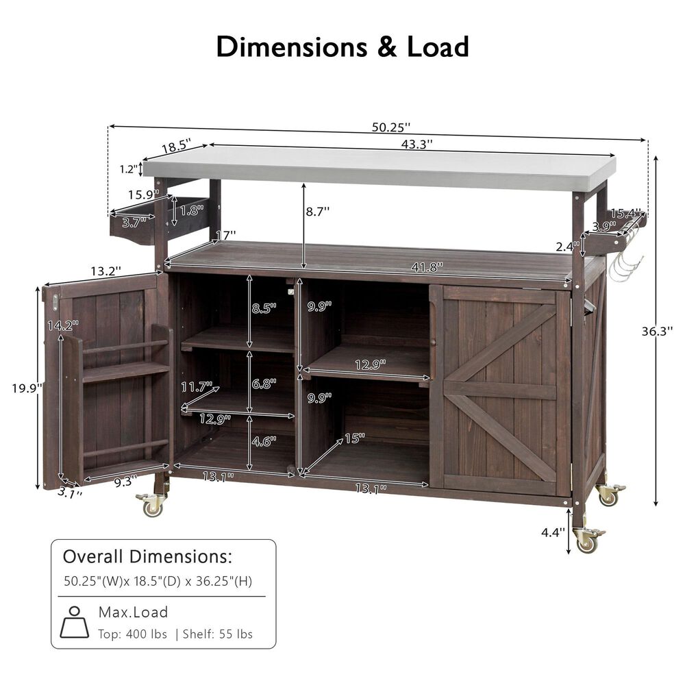 HOMLUX 50" Outdoor Kitchen Island in Dark Brown and Stainless Steel, , large