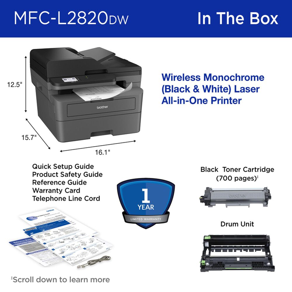 MFC-L2820DW Wireless Compact Monochrome All-in-One Laser Printer, Copy/Fax/Print/Scan