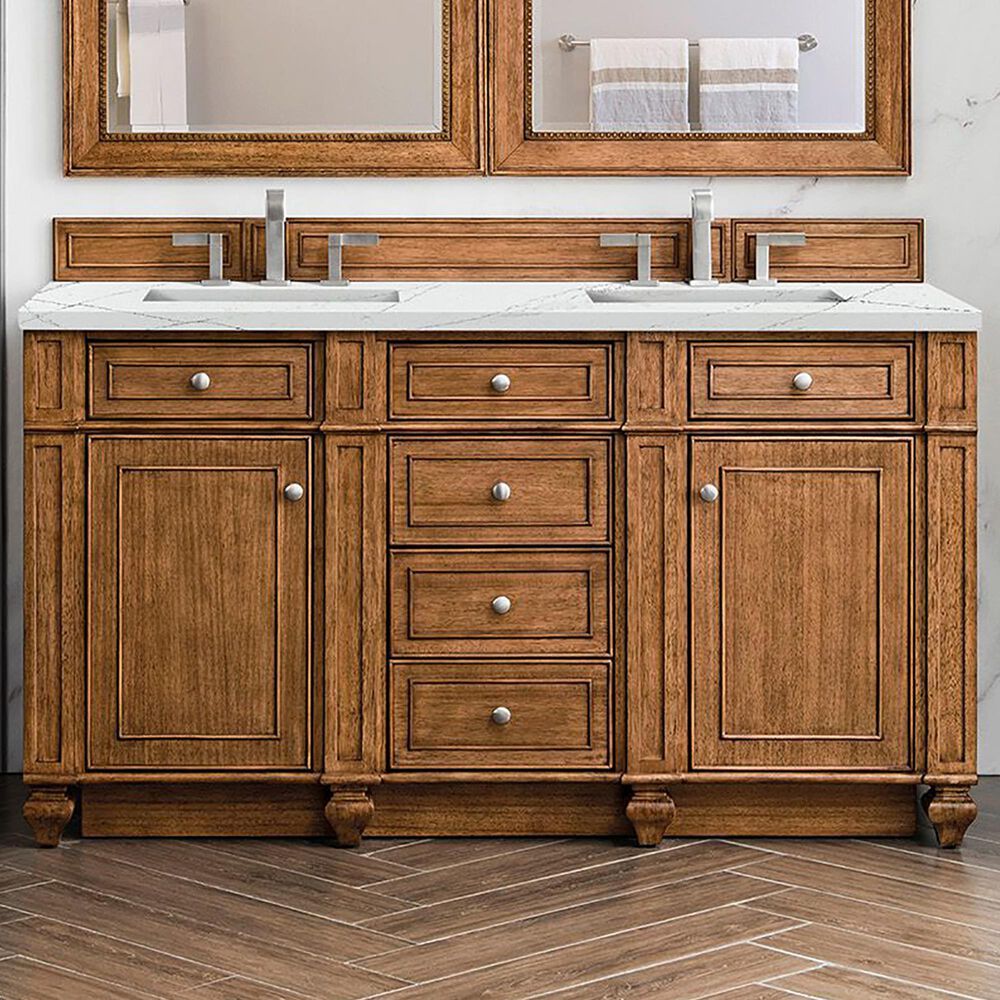 James Martin Vanities Bristol 60&quot; Double Bathroom Vanity in Saddle Brown with 3 cm Ethereal Noctis Quartz Top and Rectangular Sinks, , large