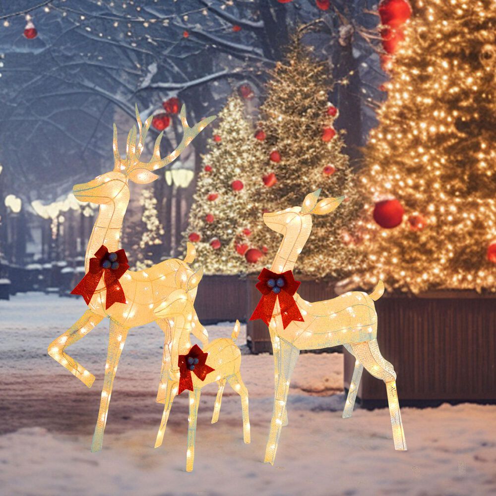 HOMLUX 3-Piece Cotton Rope Reindeer with LED Lights in White, , large