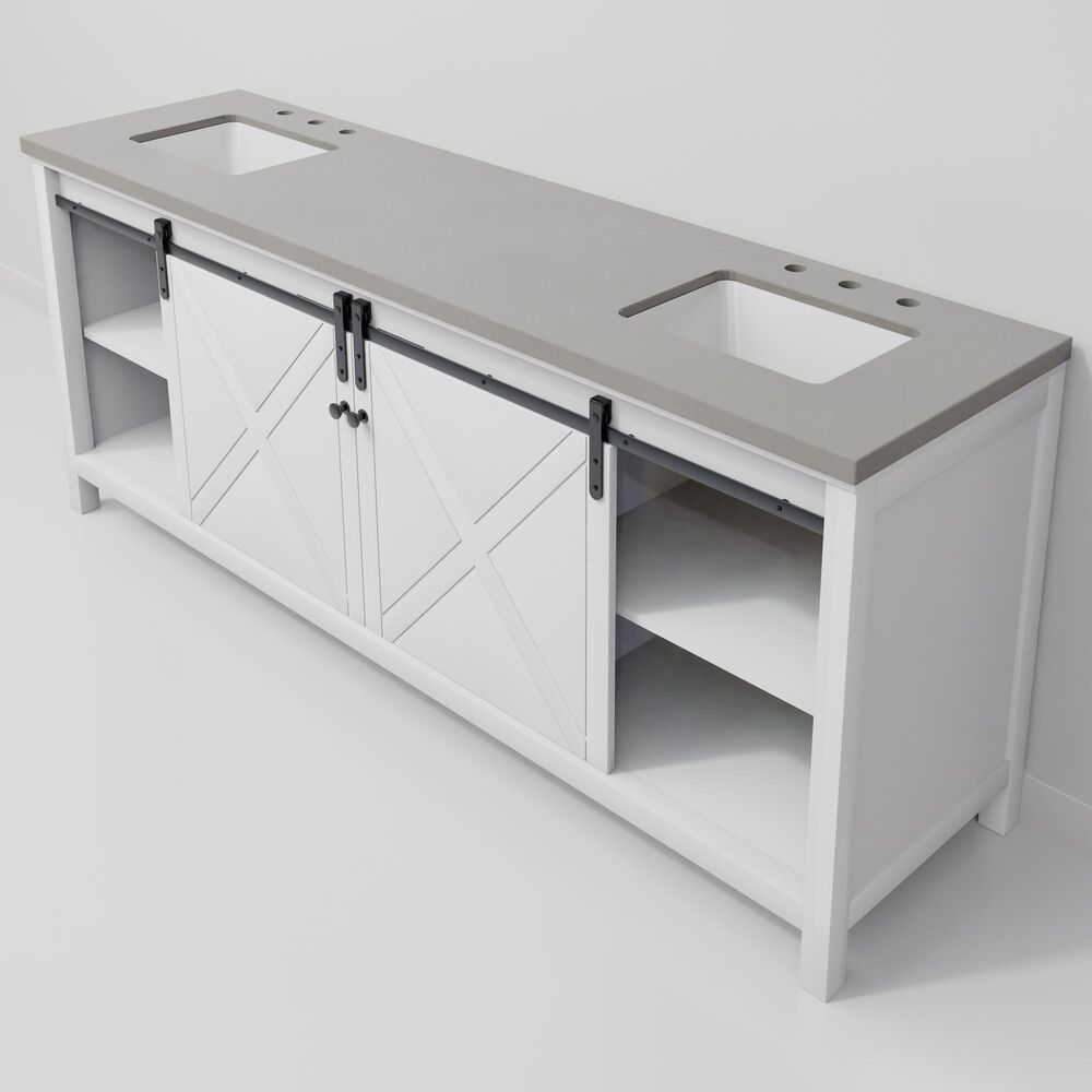Lexora Home Marsyas 84" Double Bathroom Vanity in White with Grey Quartz Top and Rectangular Sinks, , large