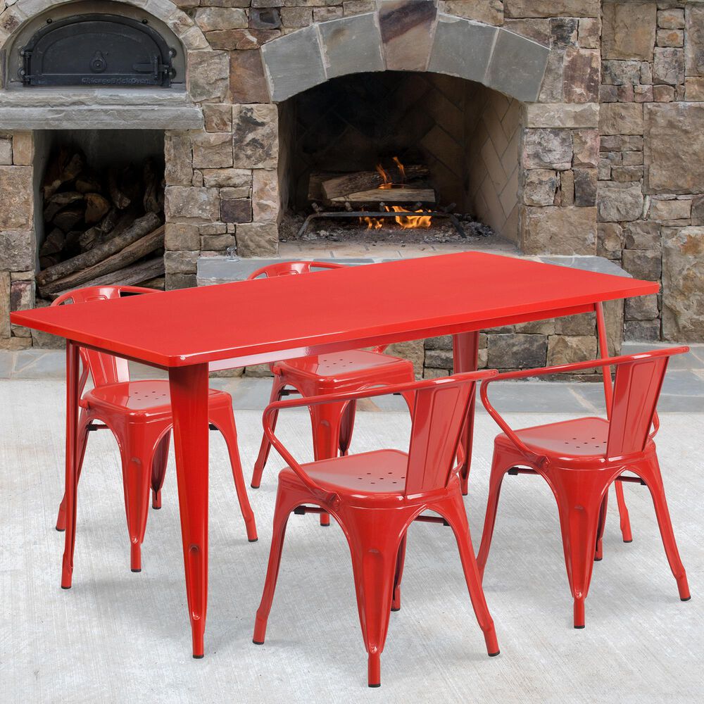 Flash Furniture 5-Piece Outdoor Metal Dining Table Set in Red, , large