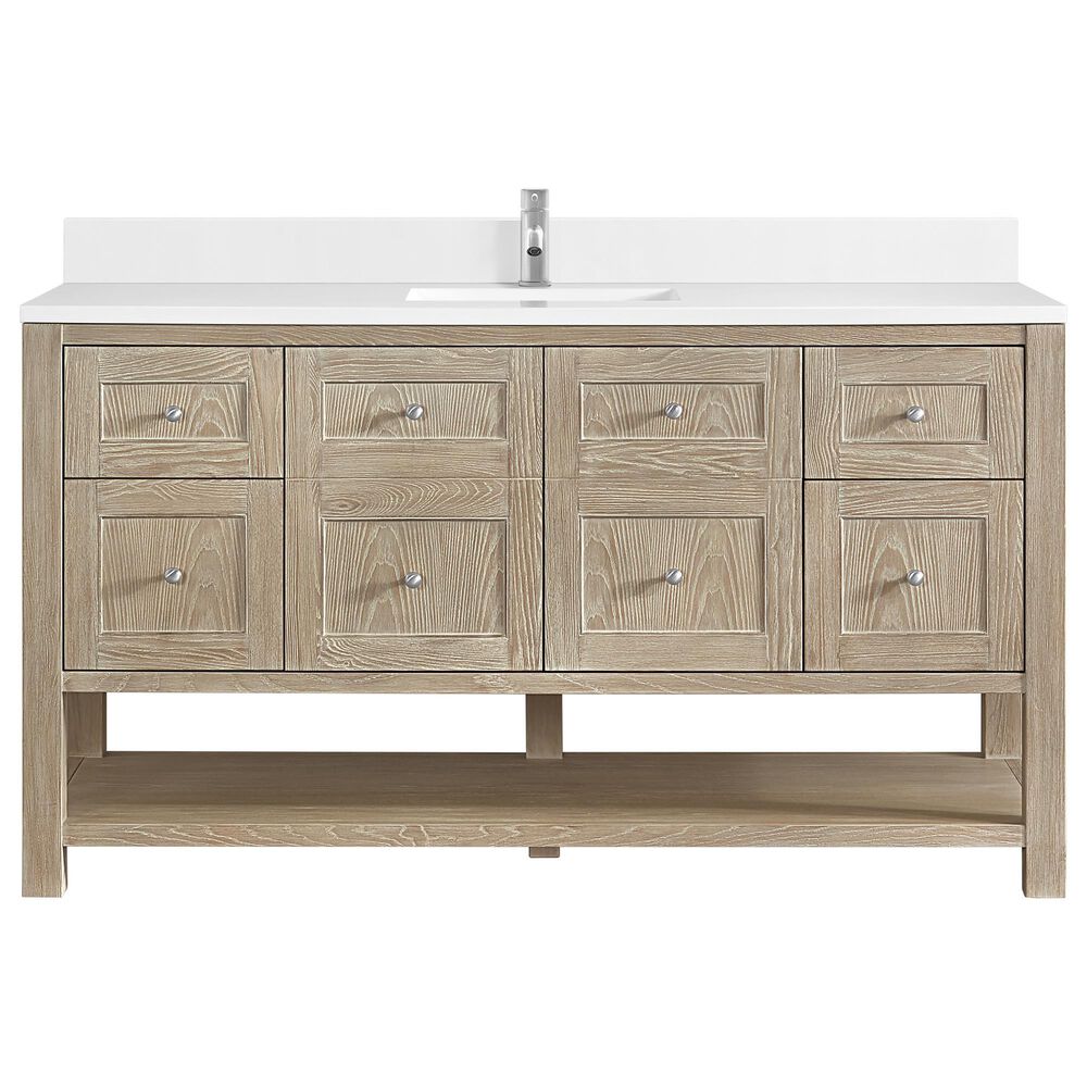 James Martin Vanities Breckenridge 60" Single Bathroom Vanity in Whitewashed Oak with Single Hole 3 cm White Zeus Quartz Top and Rectangular Sink, , large