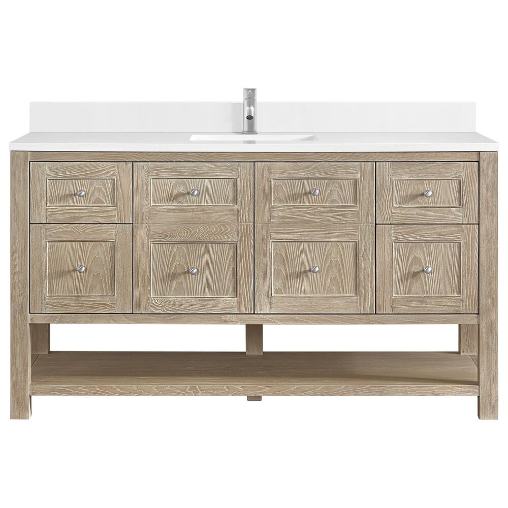 James Martin Vanities Breckenridge 60" Single Bathroom Vanity in Whitewashed Oak with Single Hole 3 cm White Zeus Quartz Top and Rectangular Sink, , large