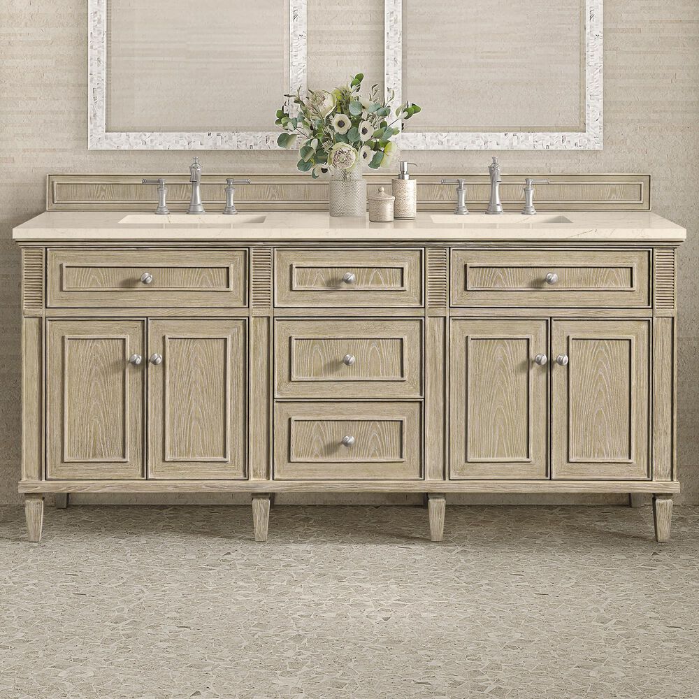 James Martin Vanities Lorelai 72&quot; Double Vanity in Whitewashed Oak with 3 cm Eternal Marfil Quartz Top, , large