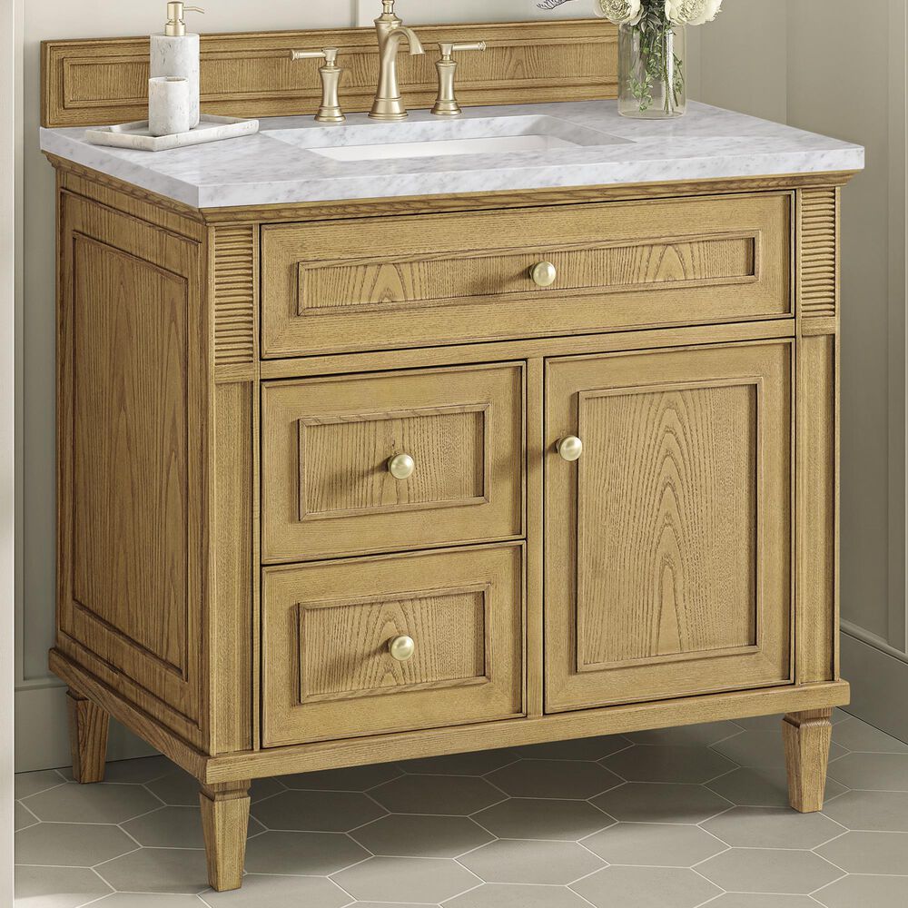James Martin Vanities Lorelai 36&quot; Single Vanity in Light Natural Oak with 3 cm Carrara White Marble Top, , large