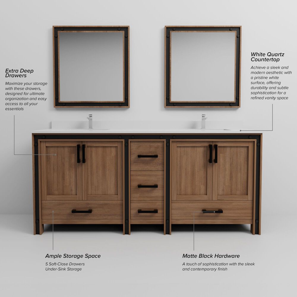 Lexora Home Ziva 80" Double Bathroom Vanity in Rustic Barnwood with 2 cm White Quartz Top and Rectangular Sinks, , large