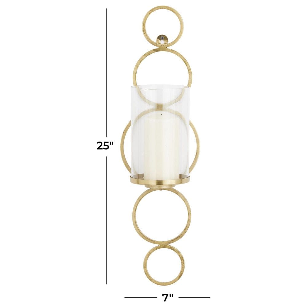 Maple and Jade 25&quot; Stacked Circle Single Indoor/Outdoor Wall Mount Candle Holder in Satin Gold and Clear, , large