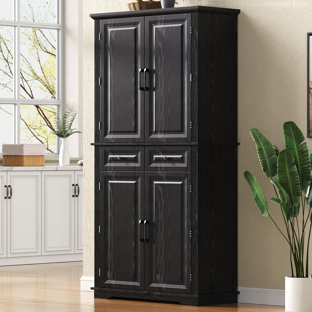 HOMLUX 71" Tall Kitchen Pantry Cabinet with 3 Pull Out Cabinet Organizers, Farmhouse Embossed Texture Storage Cabinet with 6 Door Shelves, 2 Drawers, Freestanding Cupboard for Kitchen, Dining Room Black, , large