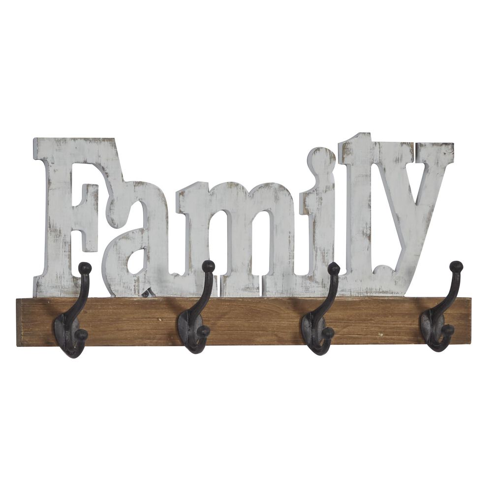 Maple and Jade Farmhouse "Family" Wood Wall Hook in Distressed White and Brown, , large