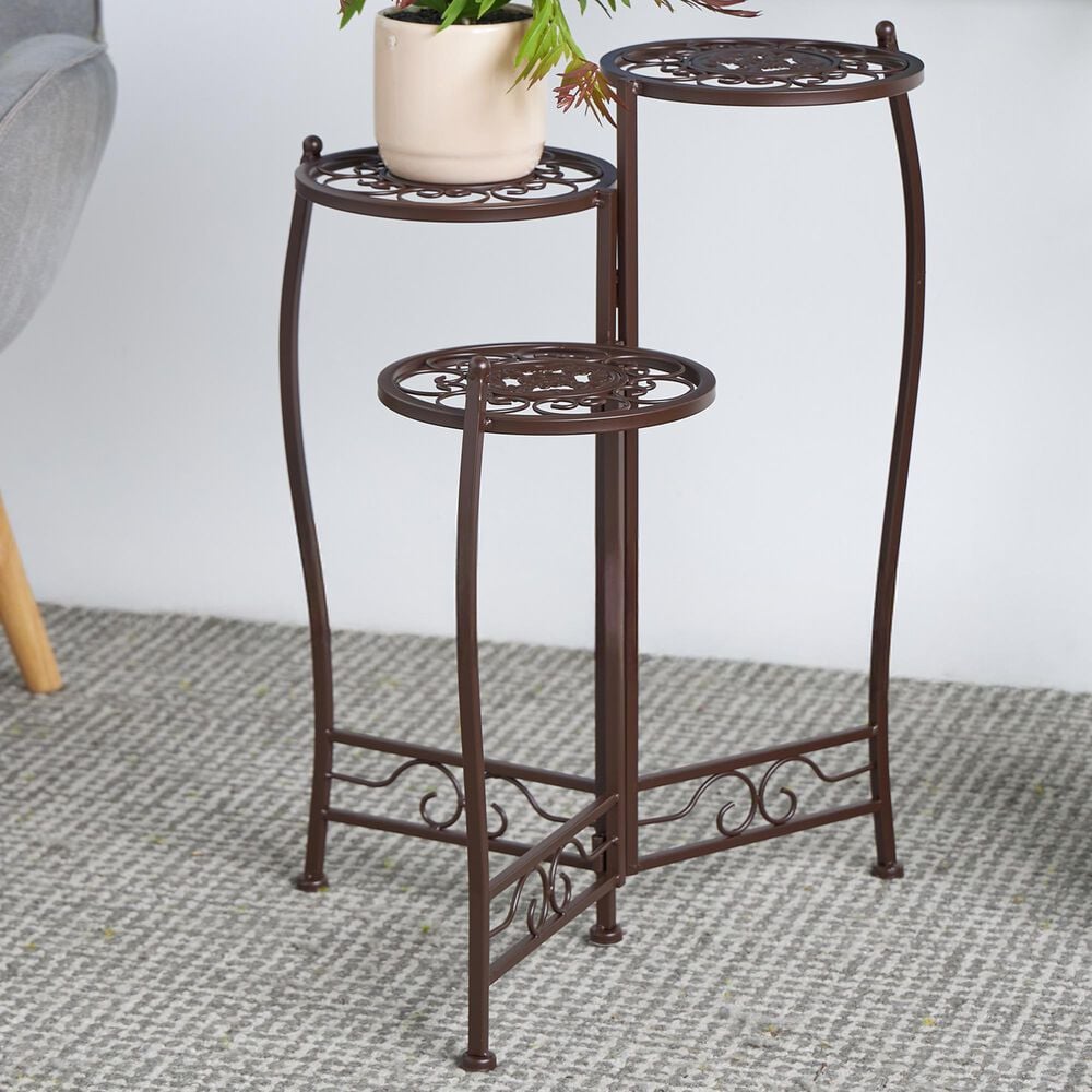 Maple and Jade 3-Tier Indoor/Outdoor Plant Stand with Scroll Details in Brown, , large