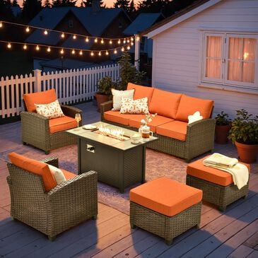 HOMLUX 6-Piece Patio Conversation Set with 42" Fire Pit Table and Light Brown Wicker in Orange Red, , large