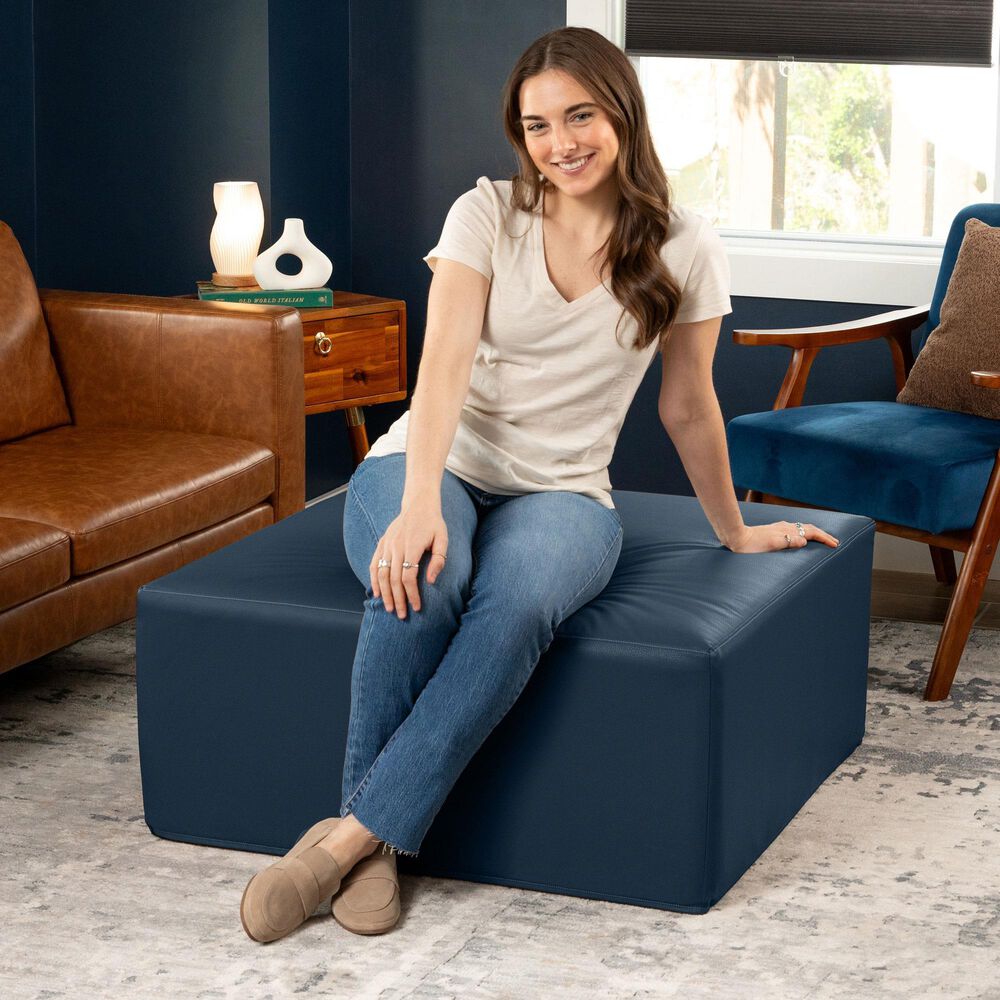 Jaxx Fairlie Faux Leather Ottoman in Oxford Blue, , large
