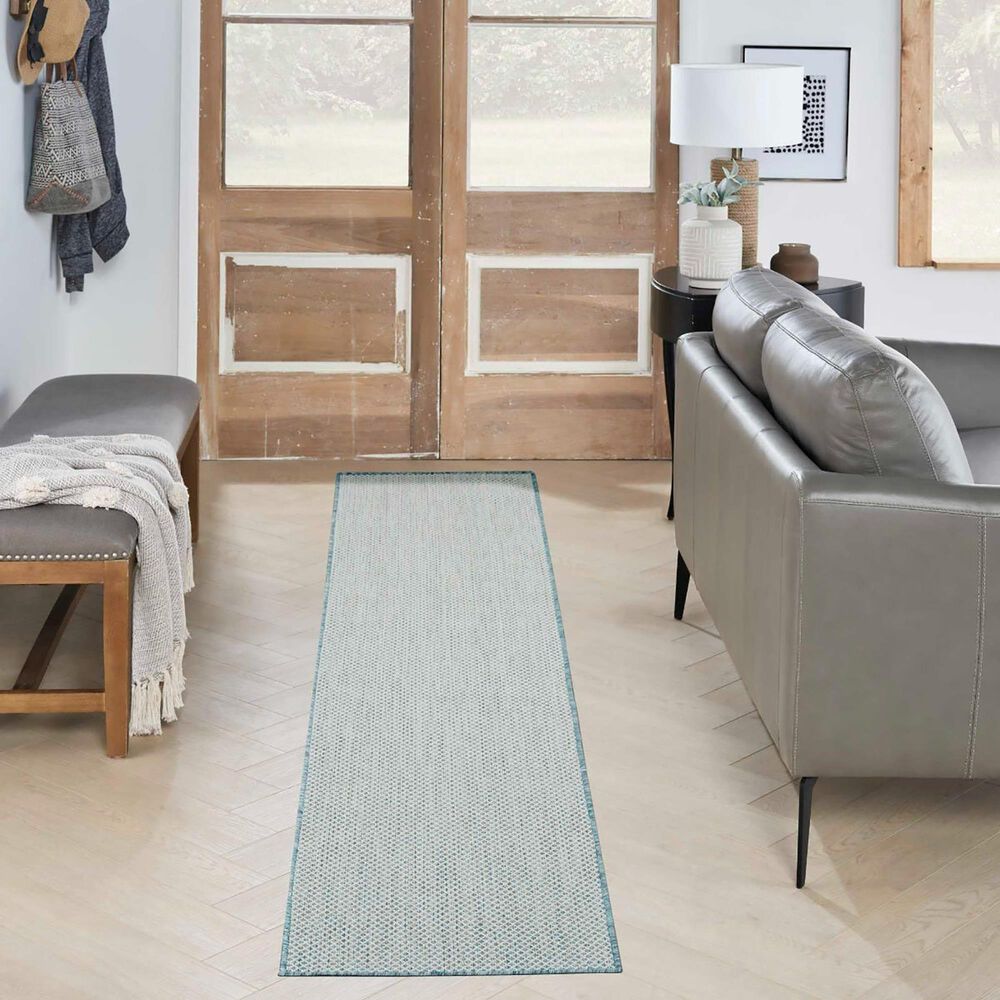 Nourison Courtyard Ivory and Aqua 2&#39;2&quot; x 8&#39; Indoor/Outdoor Runner, , large