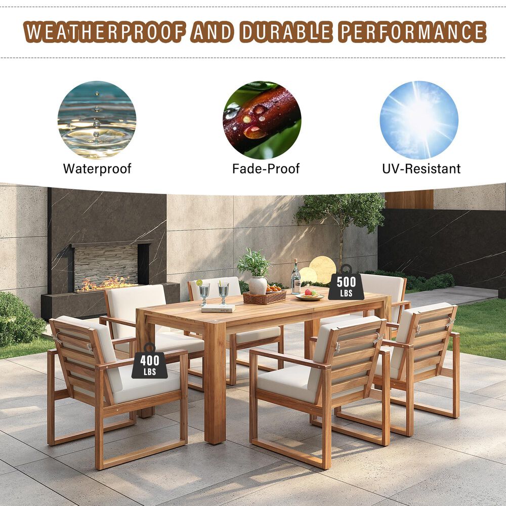 HOMLUX 7-Piece Patio Dining Set with 69" Rectangular Light Teak Table and Umbrella Hole in Beige, , large