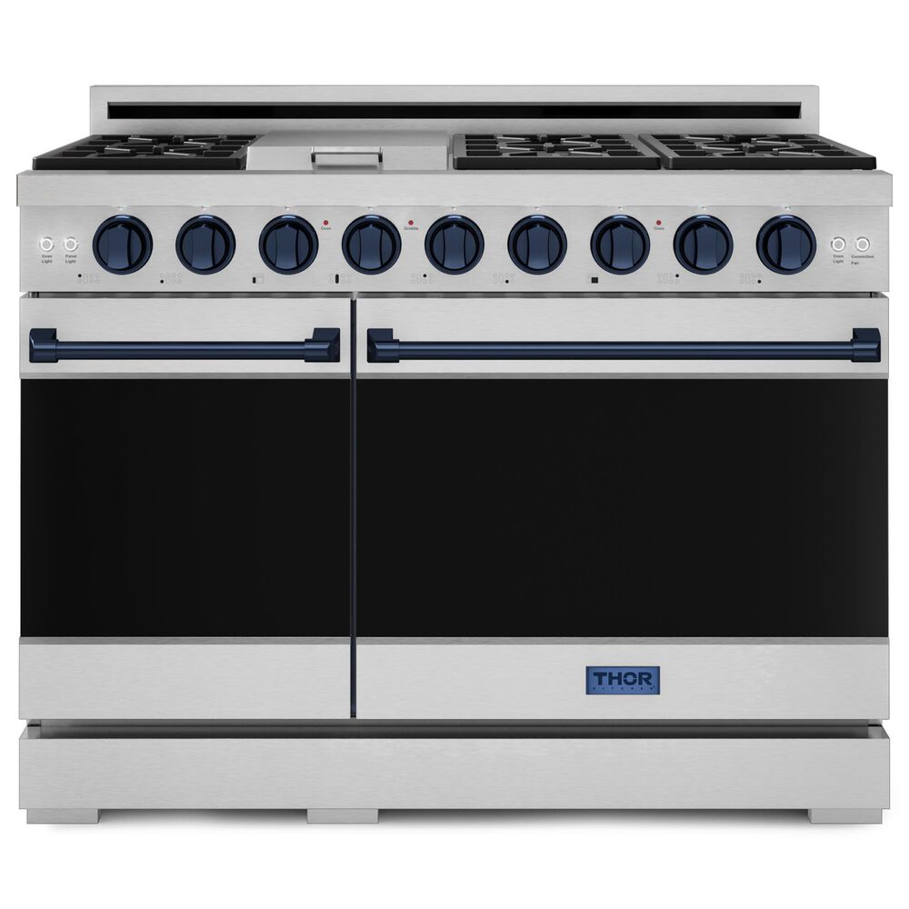 THOR KITCHEN Gordon Ramsay 6.8 Cu. Ft. 48" Professional Liquid Propane Range with Navy Blue Handle Kit in Stainless Steel, , large