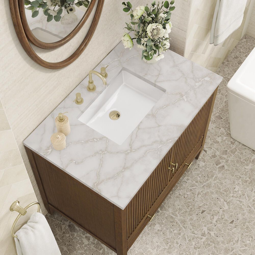James Martin Vanities Myrrin 36&quot; Vanity in Mid-Century Walnut with 3 cm Victorian Silver Quartz Top, , large