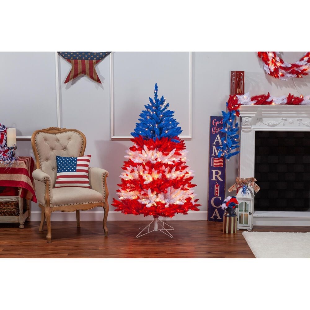 The Gerson Company 5&#39; Patriotic American Tree with White Light in Red, White and Blue, , large