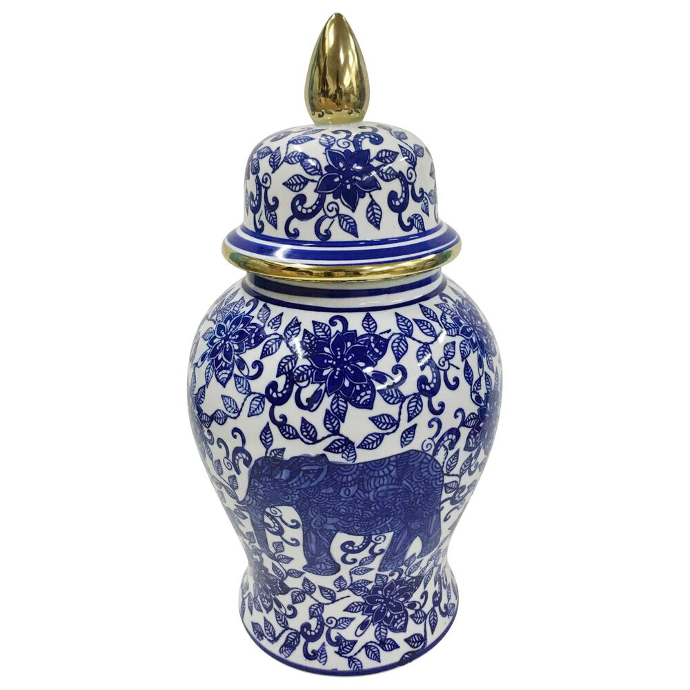 Sagebrook Home 14" Temple Jar with Elephant in Blue and White, , large