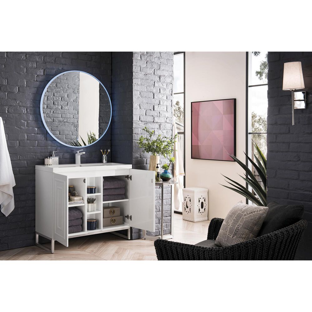 James Martin Vanities Alicante 39.5&quot; Single Bathroom Vanity in Glossy White and Brushed Nickel with 5 cm White Glossy Resin Top and Rectangular Sink, , large