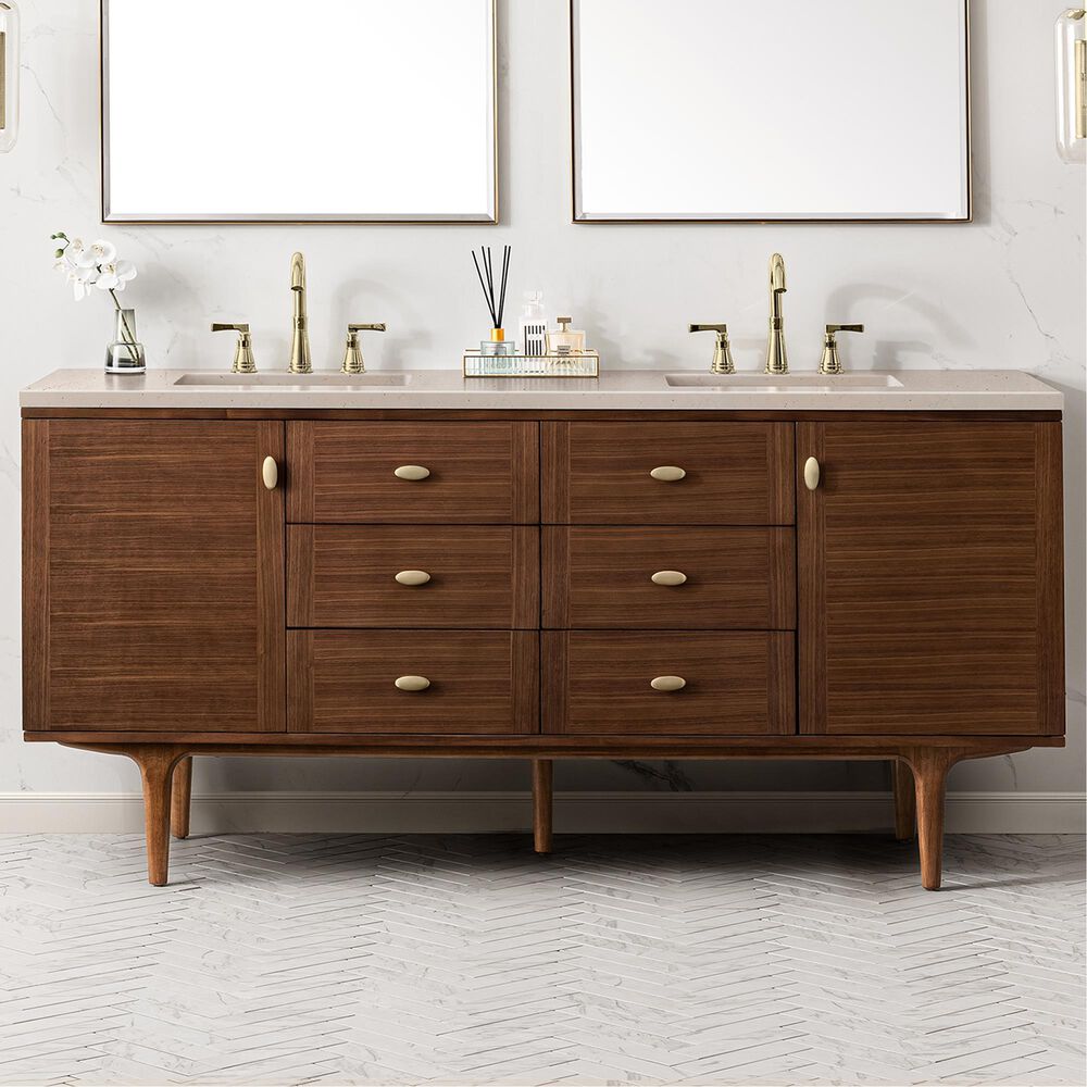 James Martin Vanities Amberly 72&quot; Double Bathroom Vanity in Walnut with 3 cm Carrara White Marble Top and Rectangular Sinks, , large