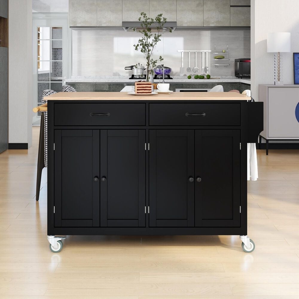 HOMLUX 54" Kitchen Island Cart with Solid Wood Top and Locking Wheels in Black, , large