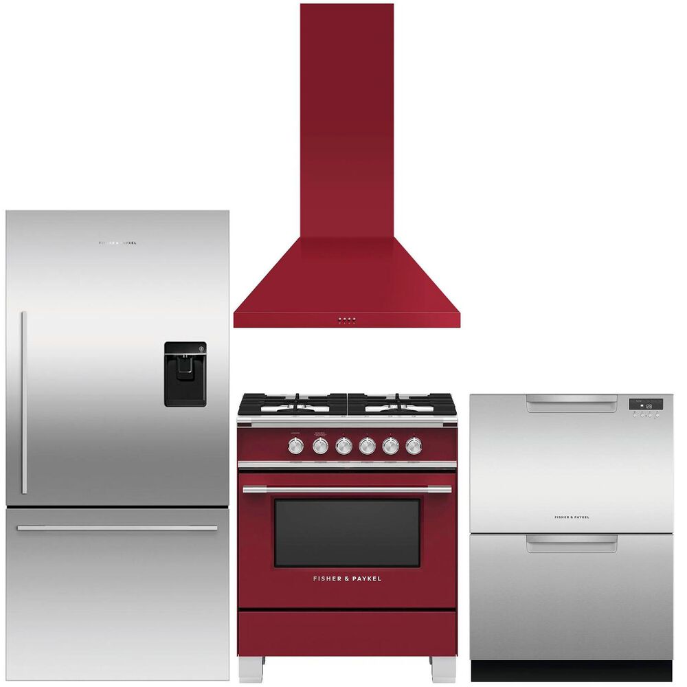 Fisher & Paykel 4-Piece Kitchen Package with Gas Range and Range Hood in Red and Refrigerator and Dishwasher in Stainless Steel, , large