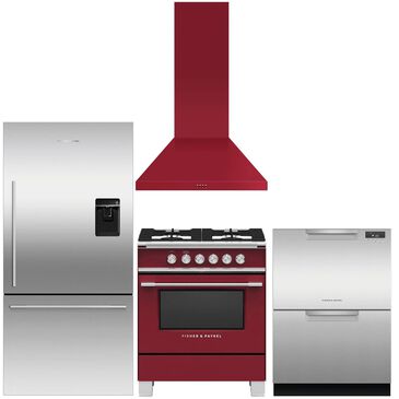 Fisher and Paykel 4-Piece Kitchen Package with Gas Range and Range Hood in Red and Refrigerator and Dishwasher in Stainless Steel, , large