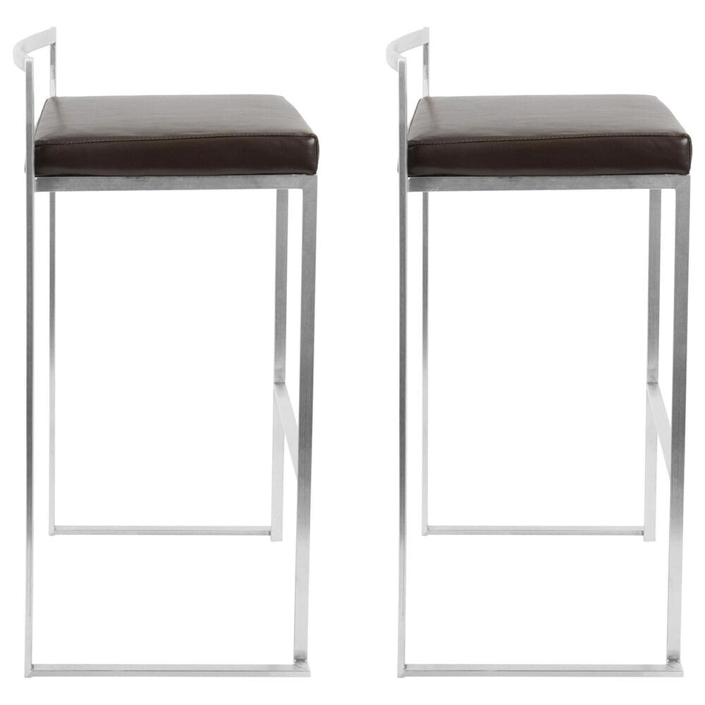 Lumisource Fuji Stackable Barstool with Brown Faux Leather in Brushed Stainless Steel &#40;Set of 2&#41;, , large