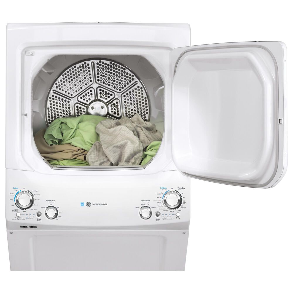 GE Appliances 3.9 Cu. Ft. Front Load Washer and 5.9 Cu. Ft. Gas Dryer Stack Laundry in White, , large