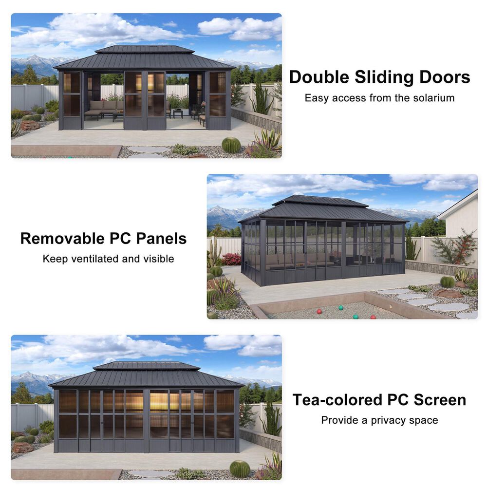 HOMLUX 12' x 20' Outdoor Hardtop Gazebo with Aluminum Frame, Double Galvanized Roof, Detachable Windows, Solarium Sunroom in Gray, , large