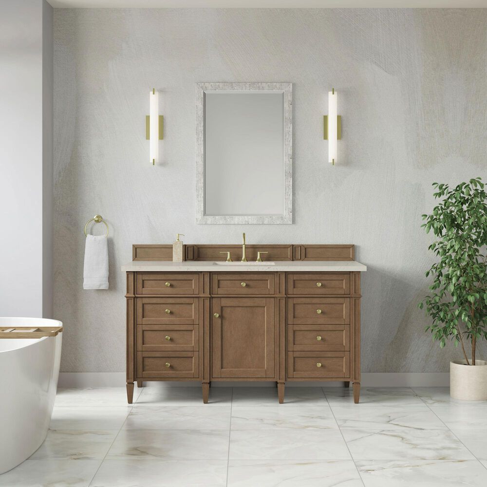 James Martin Brittany 60" Single Bathroom Vanity in Pecan with 3 cm Siberian Silestone Top, Rectangular Sink and FreePower Wireless Charger, , large