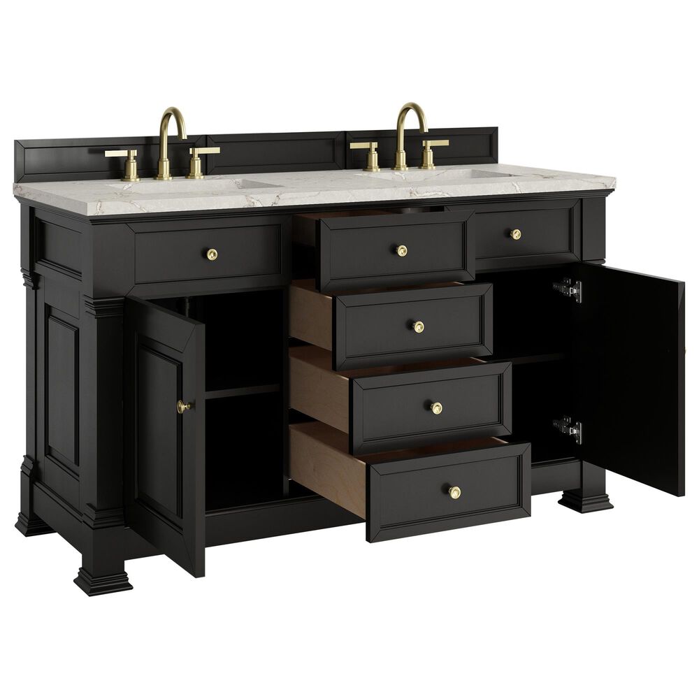 James Martin Vanities Brookfield 60" Double Bathroom Vanity in Black Onyx with 3 cm Eternal Jasmine Pearl Silestone Top, Rectangular Sinks and FreePower Wireless Charger, , large