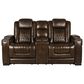Frankfurt Furniture Leather Power Reclining Console Loveseat with Power Headrest in Brown, , large