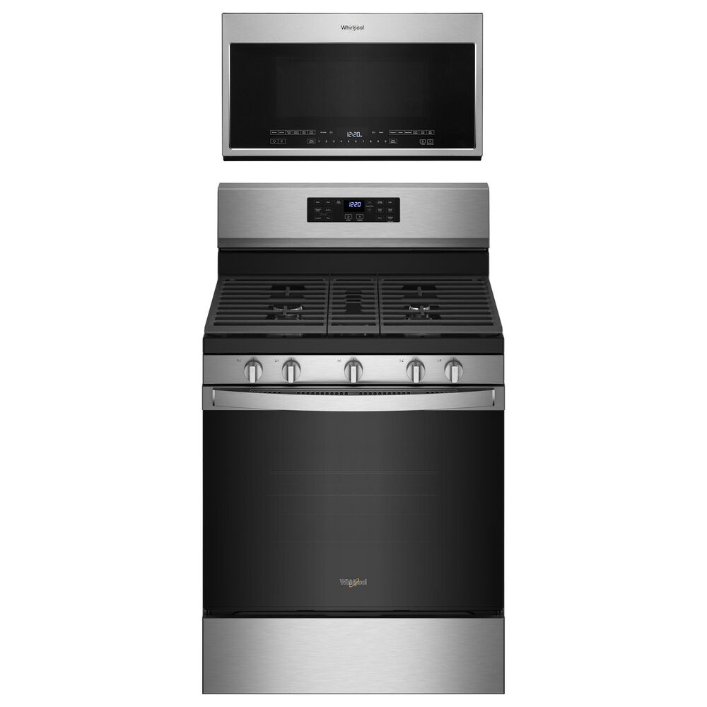 Whirlpool 2-Piece Kitchen Package with 5.0 Cu. Ft. Gas Range and 2.1 Cu. Ft. Microwave with Steam Cooking in Stainless Steel and Black, , large