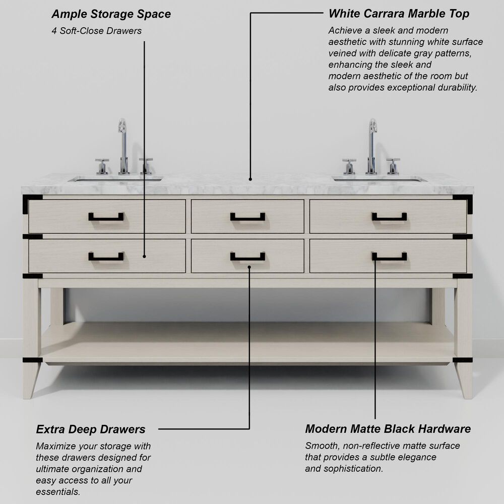Lexora Home Norwalk 72&quot; Double Bathroom Vanity in White Oak with White Carrara Marble Top  and Rectangle Sink, , large