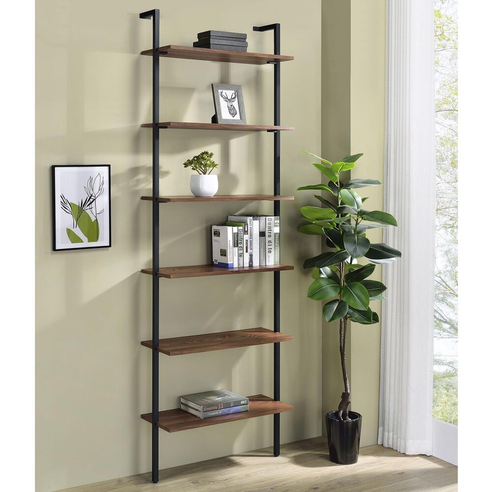 Coaster Owens 6-Shelf Wall Bookcase in Walnut and Black, , large