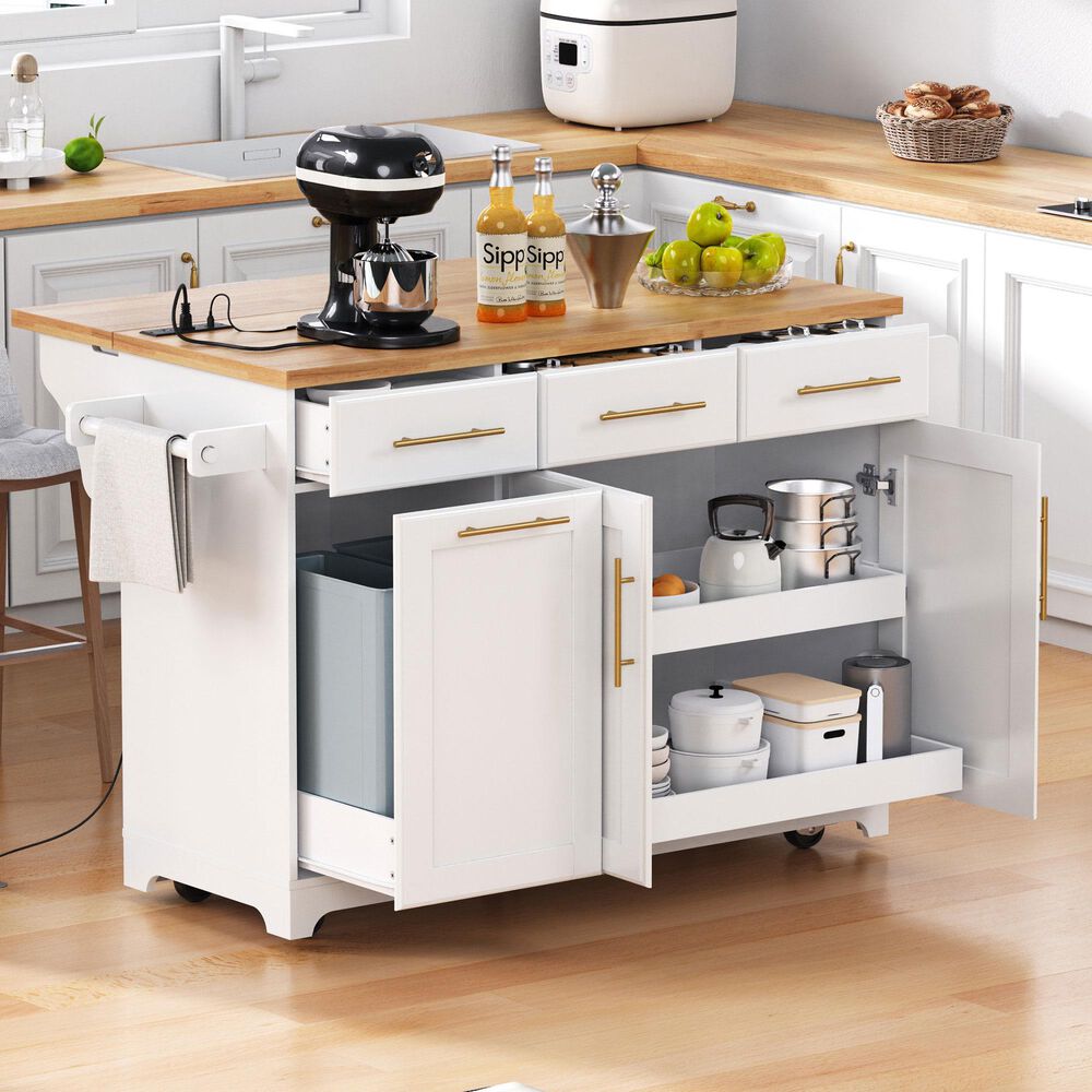 HOMLUX 59" Kitchen Island with 2 Pull Out Cabinet Organizers in White, , large