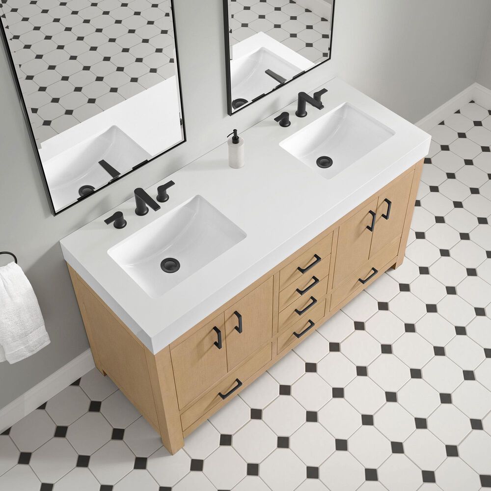 37B Alanya 60" Double Bathroom Vanity in Warm Oak with White Composite Stone Top, , large