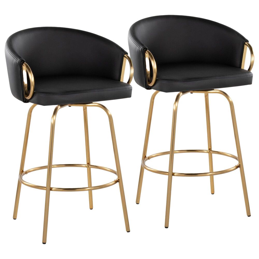 LumiSource Claire Swivel Counter Stool with Black Faux Leather Upholstery in Gold (Set of 2), , large
