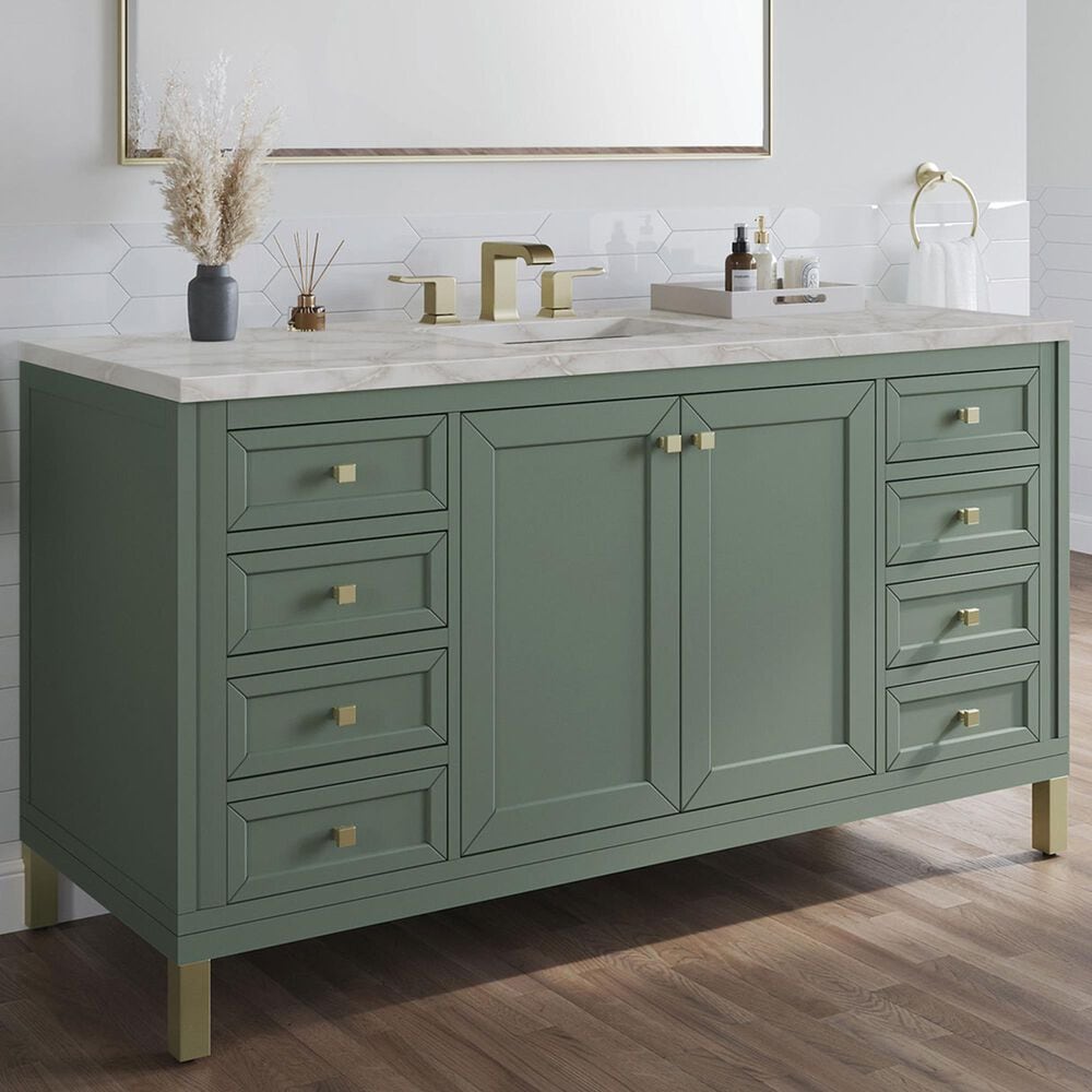James Martin Vanities Chicago 60" Single Bathroom Vanity in Smokey Celadon with 3 cm Victorian Silver Quartz Top, Rectangular Sink and FreePower Wireless Charger, , large
