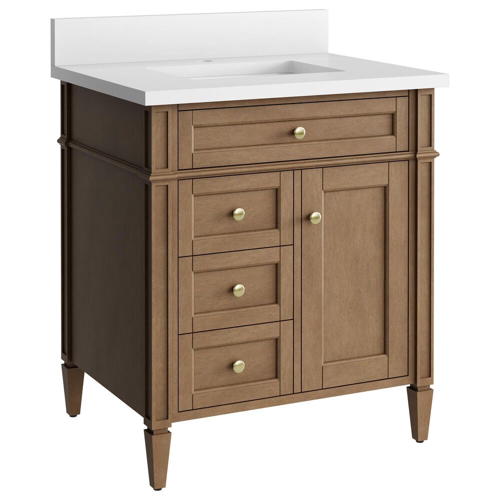 James Martin Brittany 30" Single Bathroom Vanity in Pecan with Single Hole 3 cm White Zeus Silestone Top and Rectangular Sink, , large