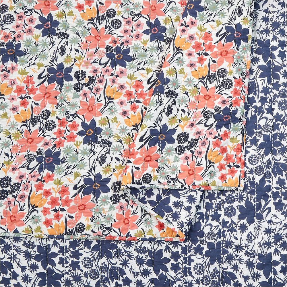 Peking Handicraft Marsh Hens 3-Piece King Floral Quilt Set in Coral, Pink, Green and Navy, , large