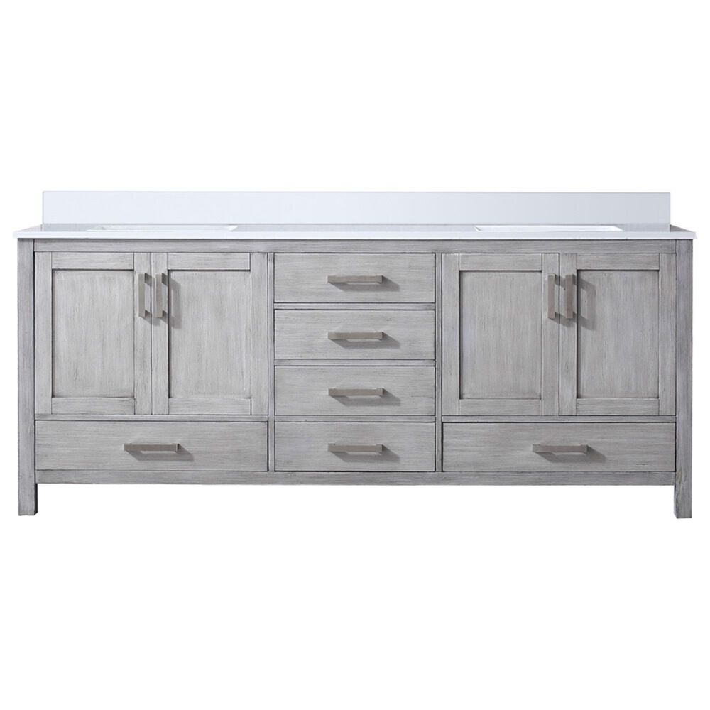 Lexora Home Jacques 80" Double Bathroom Vanity in Distressed Grey with 2 cm White Cultured Marble Top and Rectangular Sinks, , large